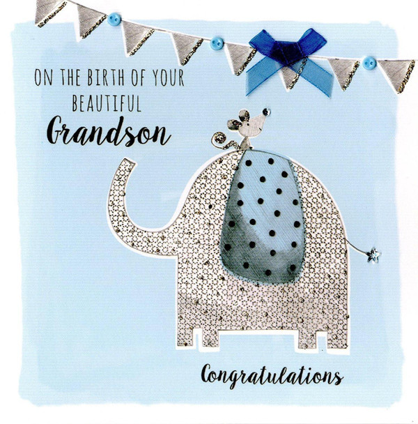 New Baby Grandson Embellished Greeting Card Hand-Finished Notting Hill Cards