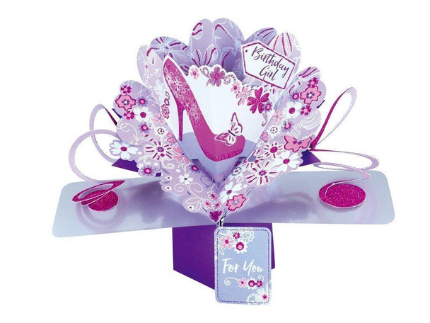 Second Nature Pop Ups Birthday Pop Up Card with "Birthday Girl" Lettering and Pink Shoe