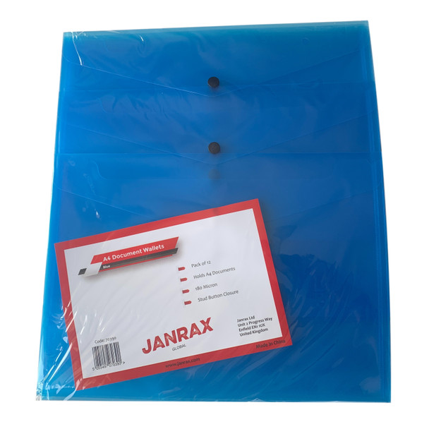 Pack of 12 Janrax A4 Blue Document Wallets - Button Stud Folder