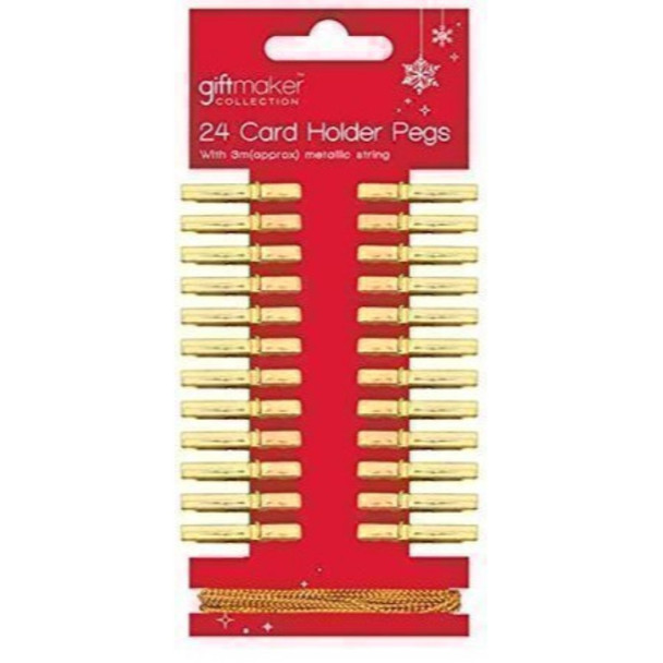 Pack Of 24 Gold Metallic Christmas Card Holder Pegs &amp; 3m Metallic String