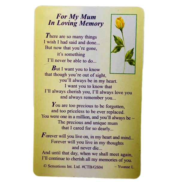 For My Mum In Loving Memory...Wallet Card (Sentimental Keepsake Wallet / Purse Card)