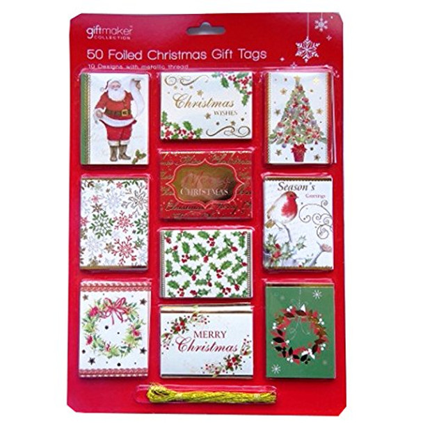 Pack Of 50 Foiled Traditional Christmas Gift Tags: 10 Different Designs And Gold Metallic Thread