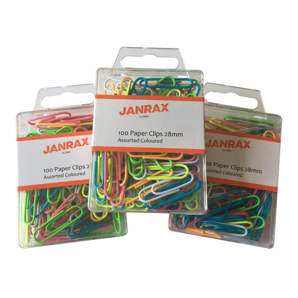 Pack of 100 Assorted Coloured 28mm Paper Clips in Hang Pack