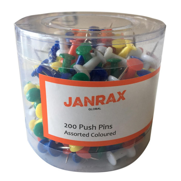 Pack of 200 Assorted Coloured Push Pins in Tub