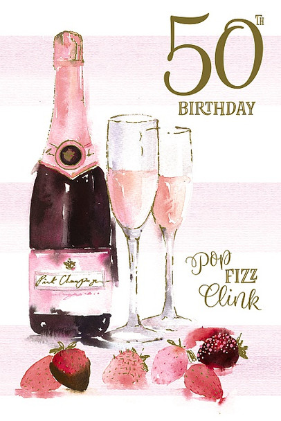 50th Birthday Card Female Girl Champagne Bottle & Glasses Design