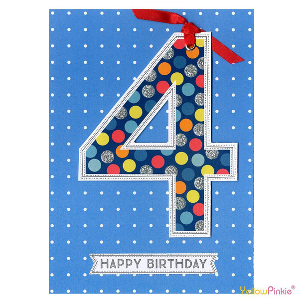 CHILDRENS BIRTHDAY AGE CARDS PINK, CUPCAKE, SWEETIES, LOLLIPOP, FLOWERS (‘Boy Age 4 - Coloured Spots’)