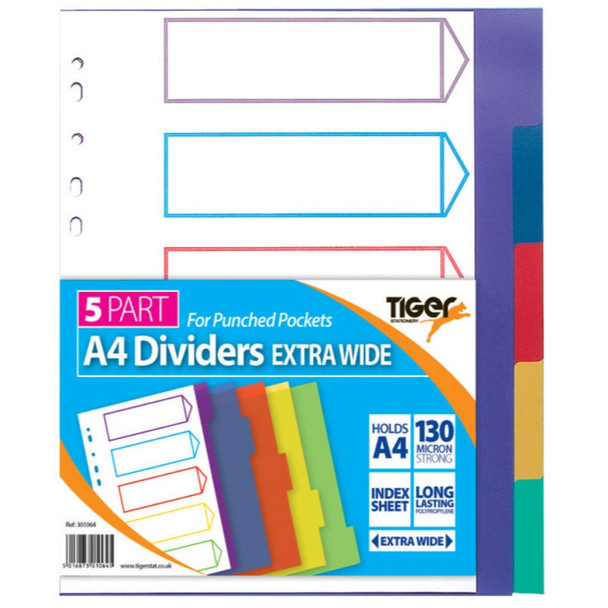Tiger A4 5 part extra wide dividers for use with punched pockets