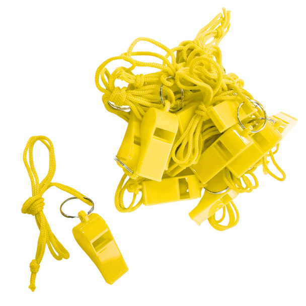 Bag of 100 Yellow Plastic Whistles with Lanyard Neck Cord