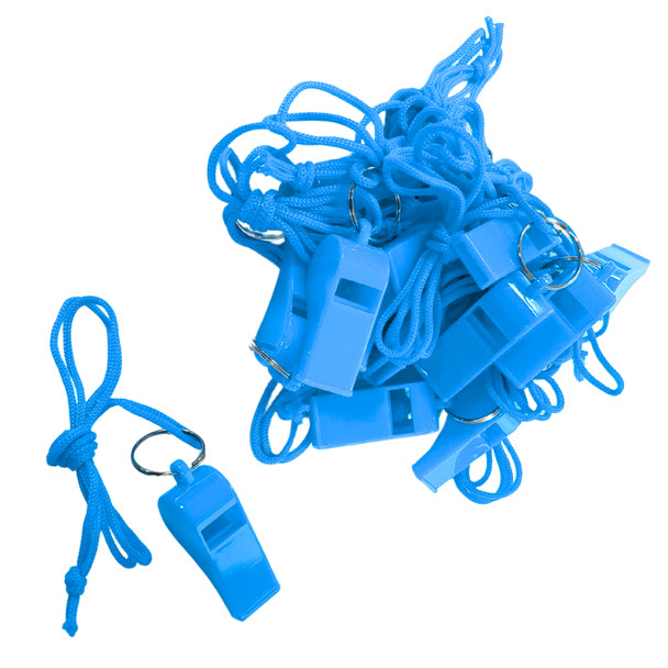 Bag of 100 Light Blue Plastic Whistles with Lanyard Neck Cord
