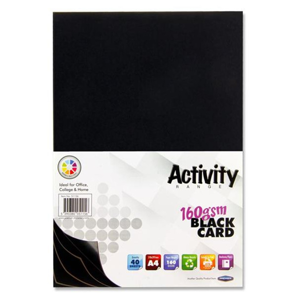 Pack of 40 Sheets A4 Black 160gsm Card by Premier Activity