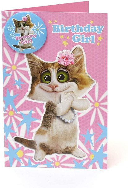 Adorable Cat Birthday Card For Her With Pin Birthday Girl Badge