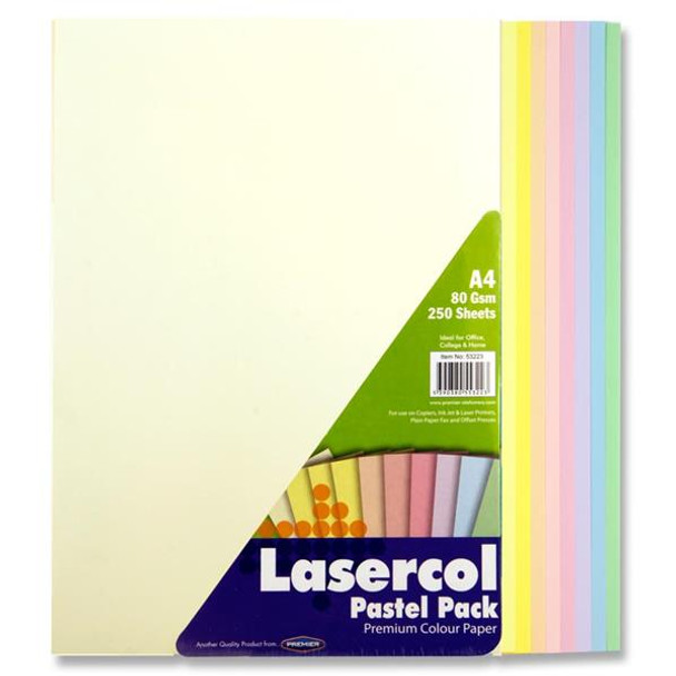 Pack of 250 Sheets A4 Assorted Pastel Coloured 80gsm Paper by Lasercol