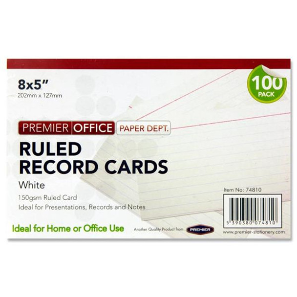 Pack of 100 8"x5" Ruled White Record Cards by Premier Office 