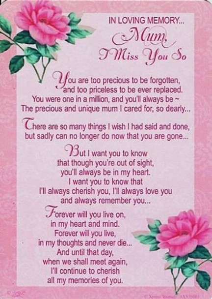 Xpress Yourself Mum Loving Memory Graveside Memorial Card 5.75" x 4.25" - Mum, I Miss You So
