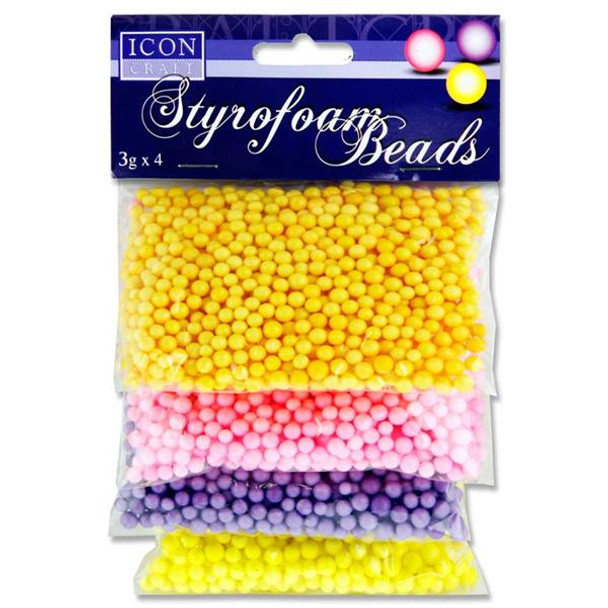 Pack of 4 x 3g Assorted Coloured Styrofoam Beads by Icon Craft