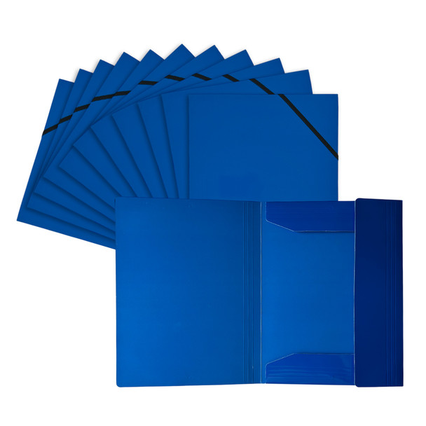 Pack of 12 Janrax A4 Blue Laminated Card 3 Flap Folders with Elastic Closure
