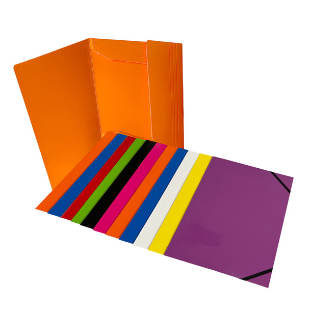 Pack of 12 Janrax A4 Assorted Colour Laminated Card 3 Flap Folders with Elastic Closure