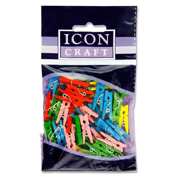 Pack of 50 Assorted Colour Mini Clothes Pegs by Icon Craft