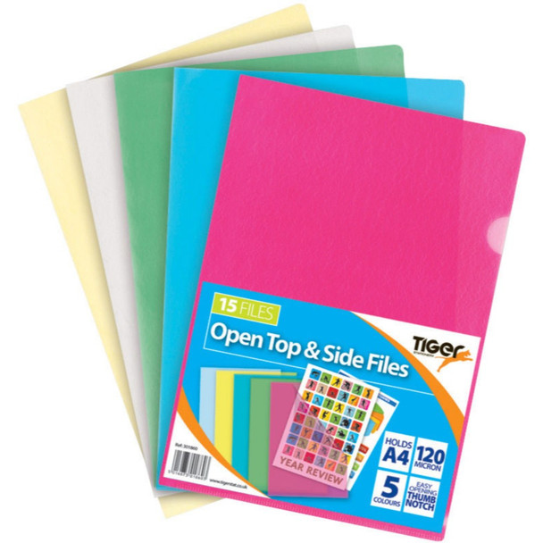 Pack of 15 A4 Coloured Open Top & Sides Files 