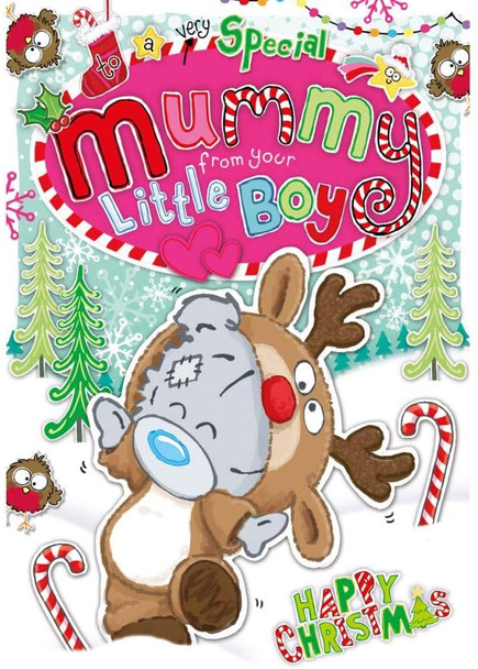 Special Mummy From Little Boy Bear In Reindeer Outfit Design Christmas Card