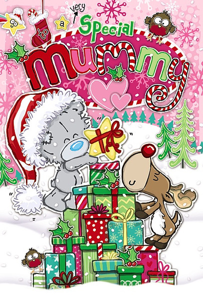 To a Special Mummy Dinky Bear With Stack Of Gifts Design Christmas Card