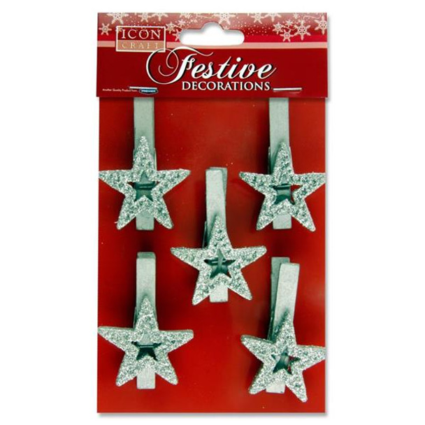 Pack of 5 Silver Star Design Christmas Peg by Icon Craft