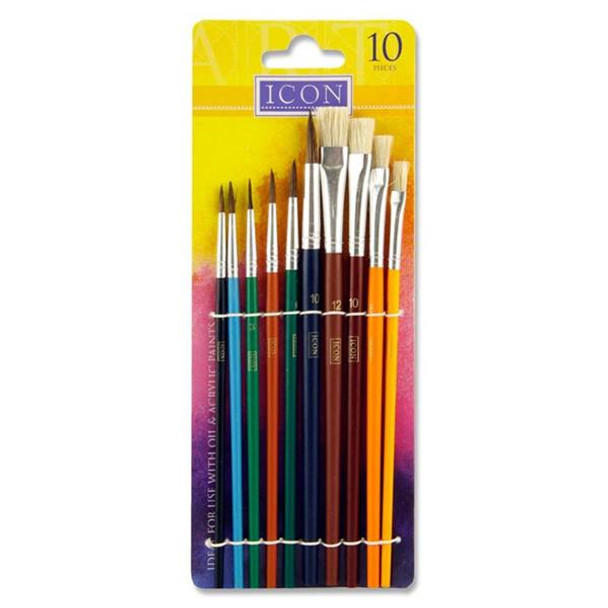 Pack of 10 Assorted Size Paint Brushes by Icon Art