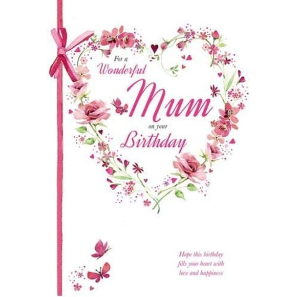 Hand Finished Wonderful Mum Birthday Card Heart of Flowers Foil & Flitter Finish