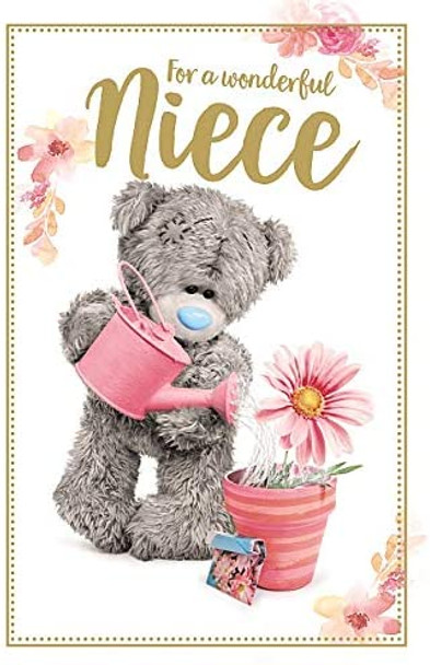 Niece Photo Finish Birthday Card with Bear Watering Plant