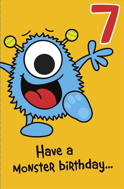 Boys Girls 7th Birthday Card Blue Monster with Googly Eye