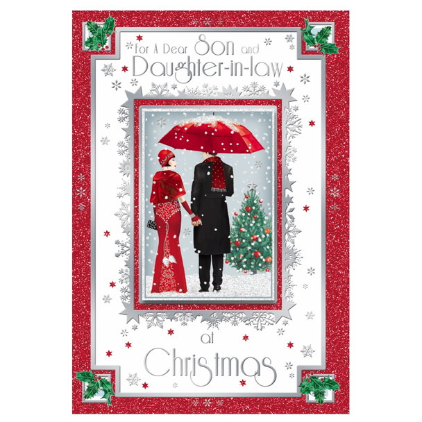 For Son and Daughter In Law Lovely Couple With Snowy Scene Design Christmas Card