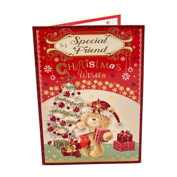 To a Special Friend Teddy With Stocking and Gift Design Christmas Card