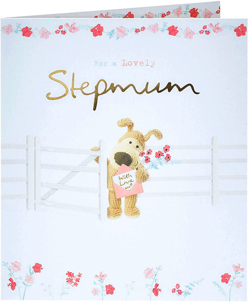 Step Mum Boofle Holding Flowers and Card Birthday Card 