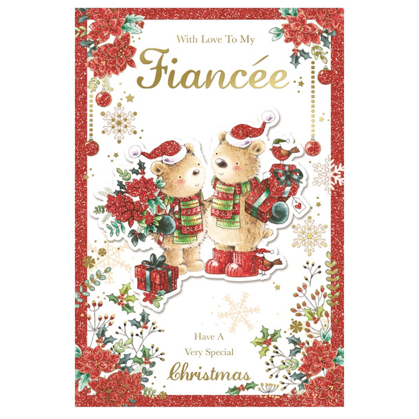 With Love to My Fiancee Lovely Teddies With Flowers and Gifts Design Christmas Card