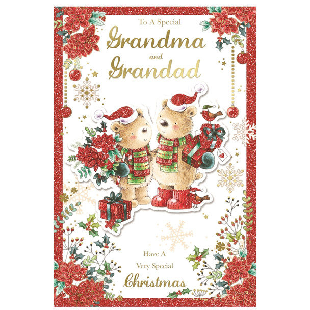To a Special Grandma and Grandad Lovely Teddies With Flowers and Gifts Design Christmas Card