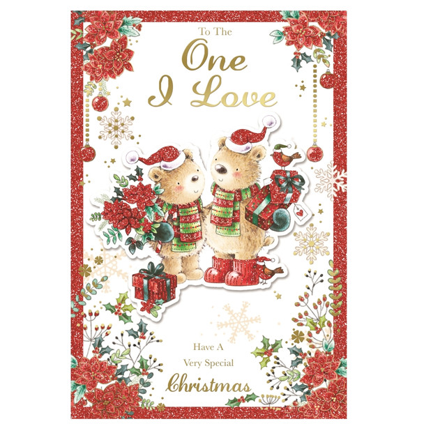 To The One I Love Cute Teddies With Flowers and Gifts Design Christmas Card