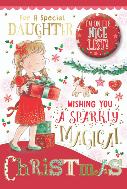 For a Special Daughter Sparkly Magical Christmas Card with Badge