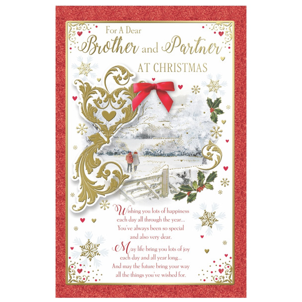 For Dear Brother and Partner Couple Walking in Winter Wonderland Design Christmas Card