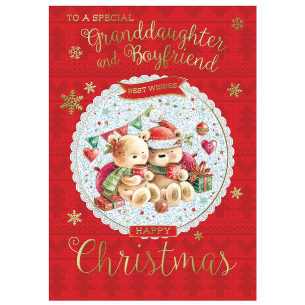 To a Special Granddaughter and Boyfriend Sweet Teddies Design Christmas Card