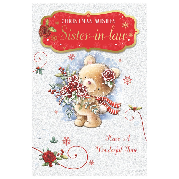 For Sister In Law Teddy With Bunch of Flowers Design Christmas Card