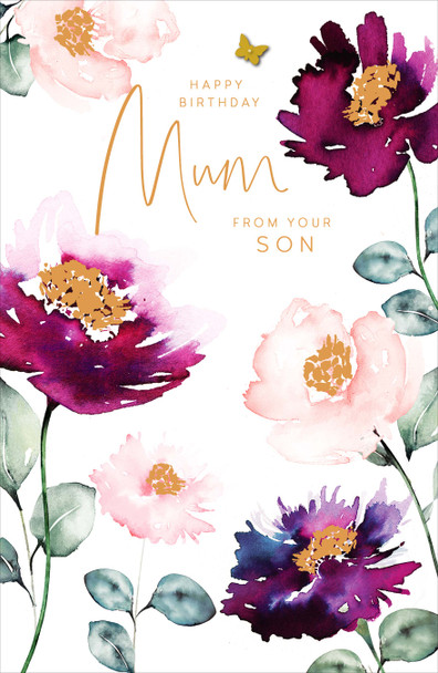 Mum From Son Birthday Card Watercolour Floral Gold Butterfly 