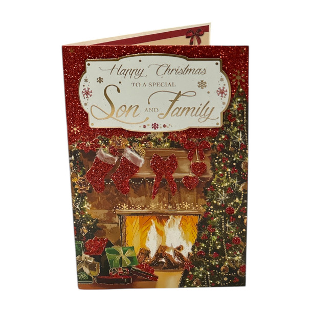To a Special Son and His Family Cosy Fireplace Design Christmas Card