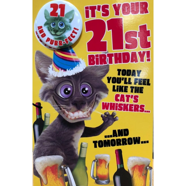 21st 'Twisted Whiskers' Birthday Card With Badge 