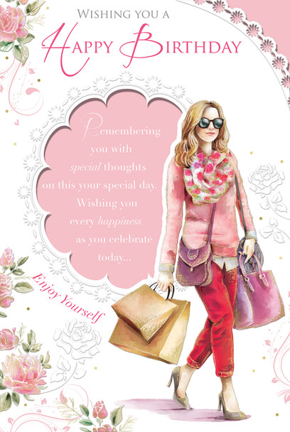 Lady With Shopping Bag Design Open Female Celebrity Style Birthday Card