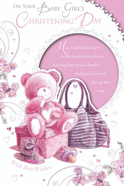 On Your Baby Girl's Christening Day Cute Teddy Design Celebrity Style Greeting Card