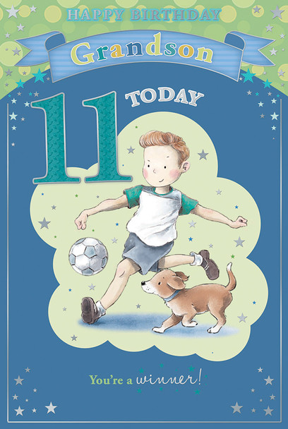 Today You're 11 Cute Little Boy Playing Football Design Grandson Candy Club Birthday Card