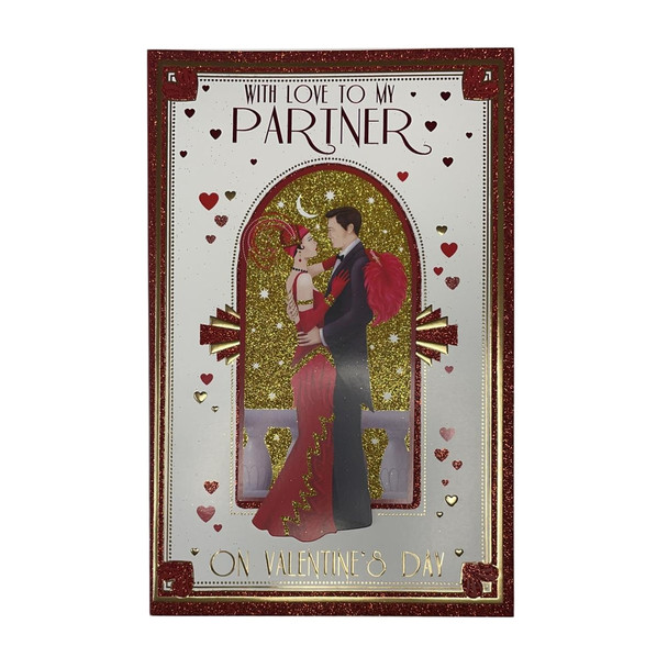 With Love To My Partner On Valentine's Day Gold And Red Glitter Card
