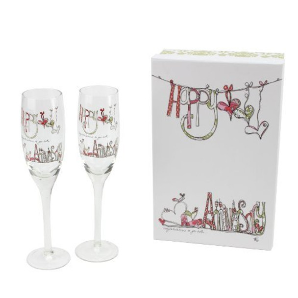 Tracey Russell Happy Anniversary Pair of Wedding Champagne Flutes Glasses in Gift Box