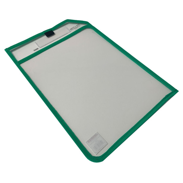 Pack of 12 Green Edge Clear Dry Erase Write and Wipe Reusable Sleeve Pockets
