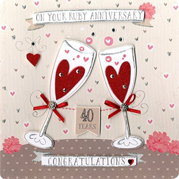 Second Nature Collectable Keepsake Hearts and Champagne Flutes Design Ruby Anniversary Card